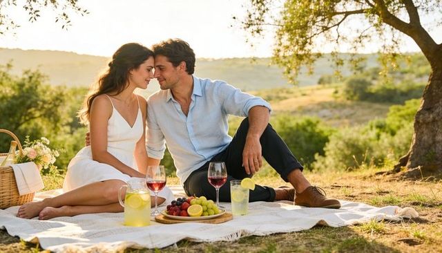 Couple leaning foreheads sharing romantic picnic at golden hour in sunlit meadow