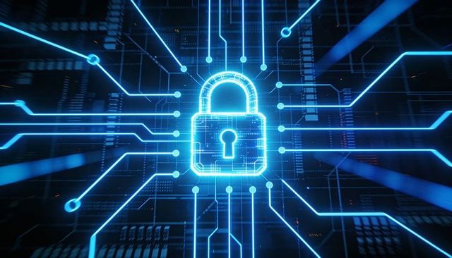 Neon Blue Digital Lock Securing Network Circuitry for Cybersecurity and Encryption