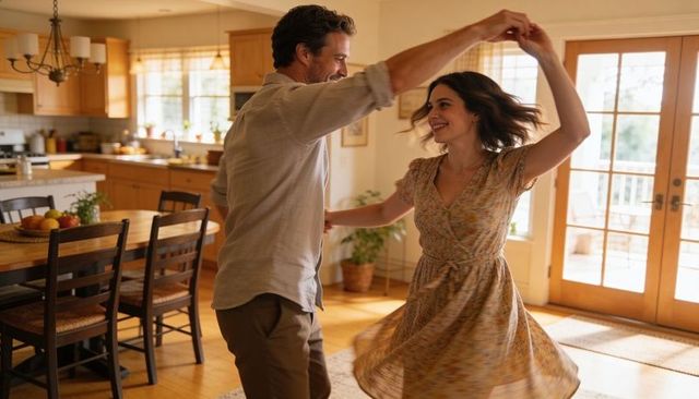 Sunlit couple dancing in cozy kitchen, man twirling woman in floral dress, home moment