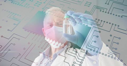 Scientist in Lab Analyzing Vial with Futuristic Bio-Tech Overlay