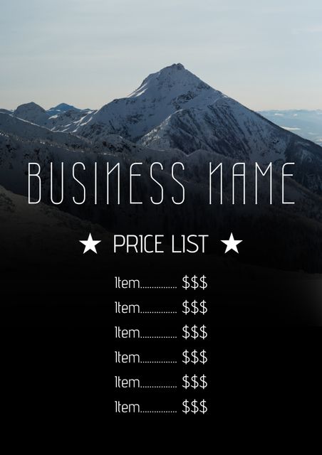 Use this pricing list template to showcase services or products for businesses related to adventure, travel, or outdoor activities. The majestic mountain backdrop inspires a sense of adventure and success, making it ideal for companies in the travel industry or those looking to promote business excellence.