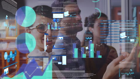 Innovative Team Analyzing Data with Digital Analytics Overlay