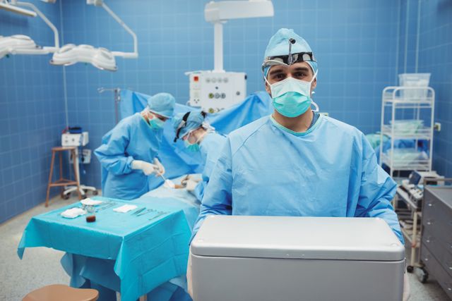 Surgeon holding ice box in operating room while colleagues perform surgery in background. Ideal for illustrating medical procedures, healthcare teamwork, hospital environments, and surgical operations. Useful for medical articles, healthcare promotions, and educational materials.