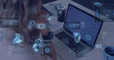 Futuristic Interface Visualizing Data on Laptop in Modern Workspace