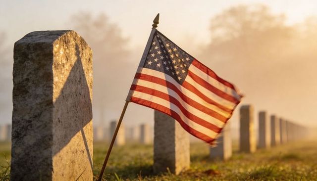 American flag waving over military headstones at misty sunrise remembrance