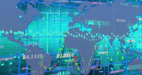 Global Trading Dashboard Overlaying World Map with Neon Candlesticks and Numeric Data