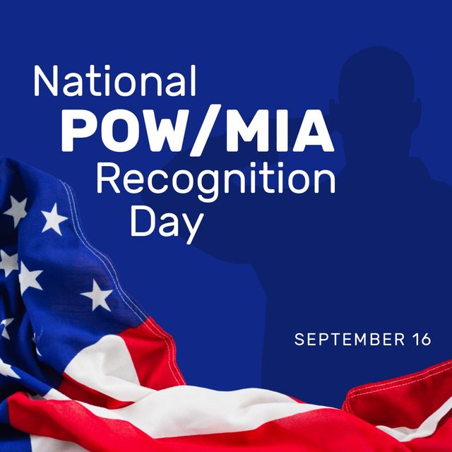 Patriotic illustration commemorating National POW MIA Recognition Day on September 16. Features American flag with silhouetted figure, emphasizing remembrance and honor for prisoners of war and those missing in action. Ideal for social media posts, event promotions, educational material, or memorial ceremonies.