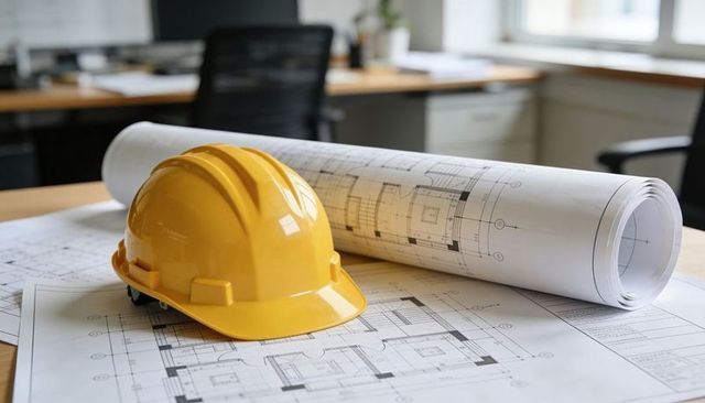 Yellow hard hat resting on architectural blueprints with rolled plans in office