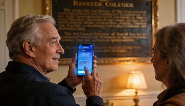 Senior couple using smartphone translation app in historic parlor with plaque and lamp