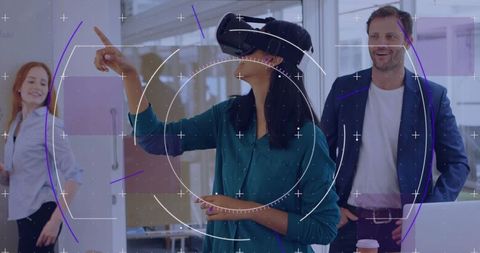 Businesswoman Using VR Headset With Virtual Interface in Modern Office