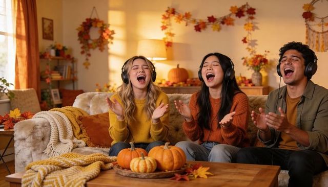 Friends singing and clapping on sofa with pumpkins, cozy autumn living room vibe