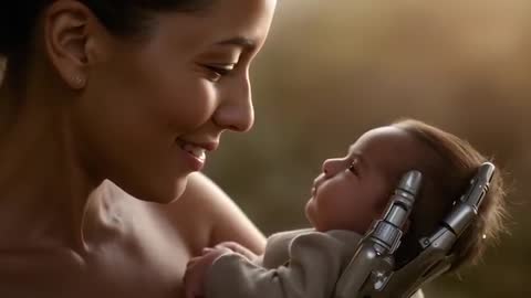 Mother bonding with infant while prosthetic hand gently supporting head, expressing tenderness
