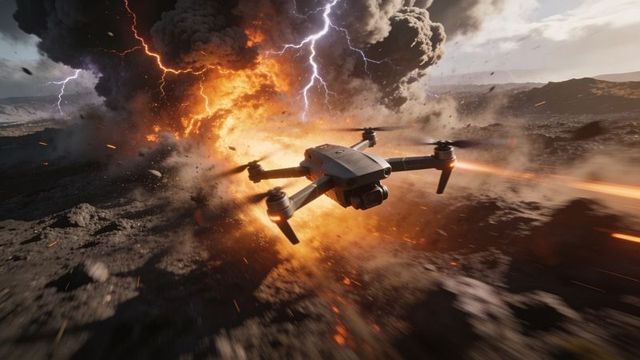 Foldable drone skimming scorched plain amid massive explosion, lightning and flying embers