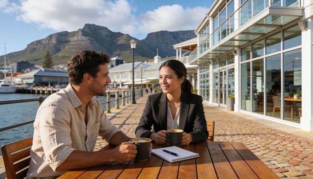 Colleagues meeting at waterfront cafe, discussing plans over coffee and notebook