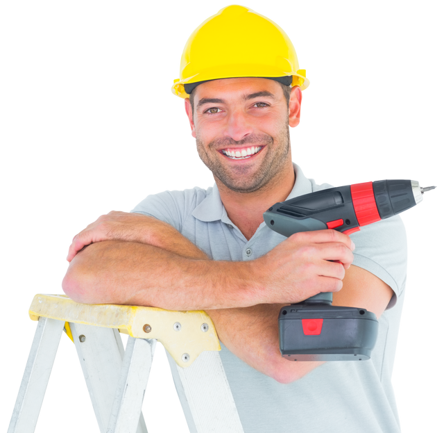 Smiling Male Technician with Hardhat Holding Power Drill Transparent Background - Download Free Stock Videos Pikwizard.com