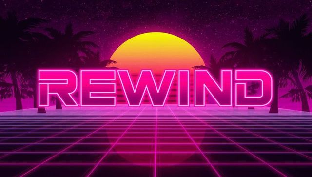 Neon REWIND Retro-Futuristic Sunset on Magenta Grid with Palm Silhouettes and Stars
