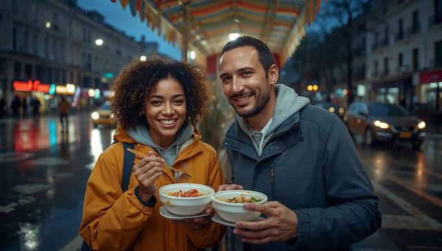 Smiling couple enjoying street noodle bowls under rainy city lights