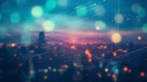 Neon Bokeh Cityscape at Dusk with Abstract Light Trails and Digital Overlay