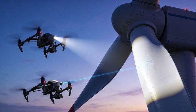 AI-assisted Drones Inspecting Wind Turbine Blades at Dusk with Laser Guidance for Maintenance