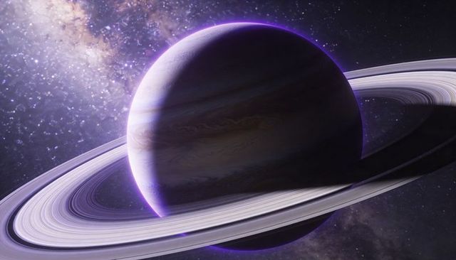 Ringed gas giant haloed by nebula light over glittering starfield and galactic dust