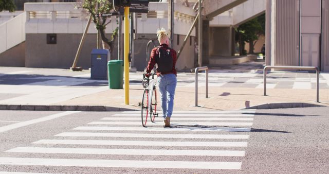 Person Walking Bicycle Across City Crosswalk on a Sunny Day - Download Free Stock Images Pikwizard.com