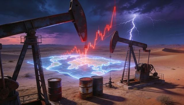 Rusted pumpjacks casting holographic world map with neon-red market chart and lightning