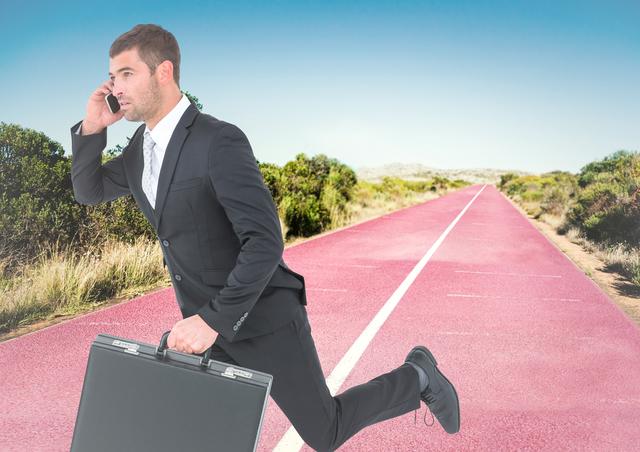 Digital composite of Business man on phone with briefcase running on track in desert