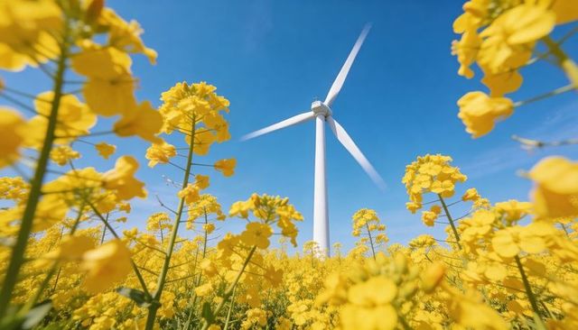 Towering White Wind Turbine Above Vibrant Yellow Canola Field Under Clear Blue Sky