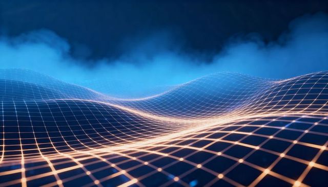 Neon wireframe landscape with glowing grid and misty horizon for futuristic tech background