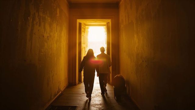 Silhouettes walking toward sunlit door in weathered hallway with wheeled bag
