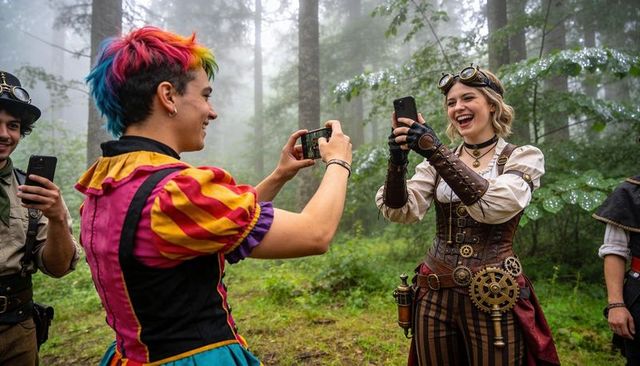 Rainbow-haired jester capturing steampunk friend posing in misty forest glade with phones, goggles