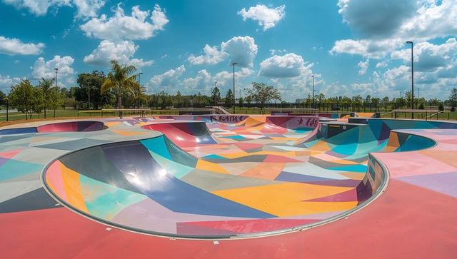 Featuring vibrant geometric skatepark bowls with colorful concrete ramps and coping