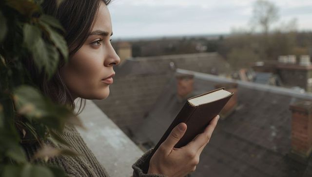 Contemplative woman on rooftop holding book overlooking town rooftops and chimneys