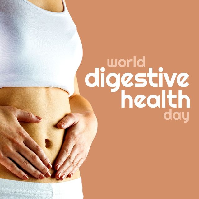 Digital composite image of world digestive health day text by caucasian woman with hands on stomach. healthy lifestyle and body care concept.