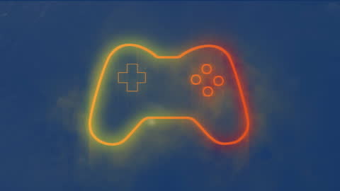 Glowing Neon Gamepad Icon Over Blue Background