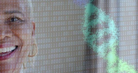 Smiling woman with binary code overlay and dna helix merging biotech and digital future