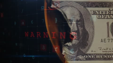 Burning Banknote with Digital Data Overlay Symbolizing Financial Risk