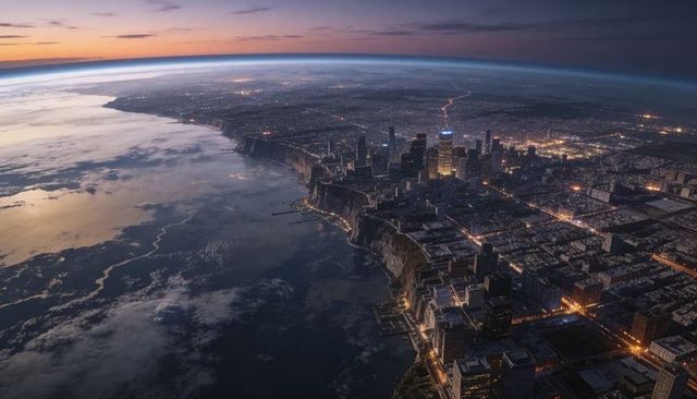 Skyscrapers glowing along cliffed coastline at dusk, city lights stretching inland