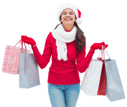 Happy Woman in Santa Hat Holding Presents on Transparent Background
