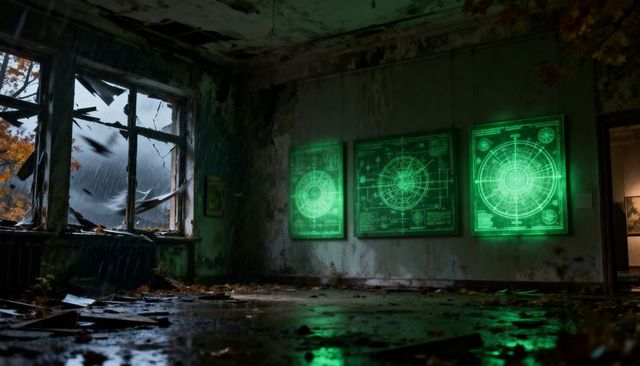 Neon green radar panels casting reflections on wet floor in derelict room