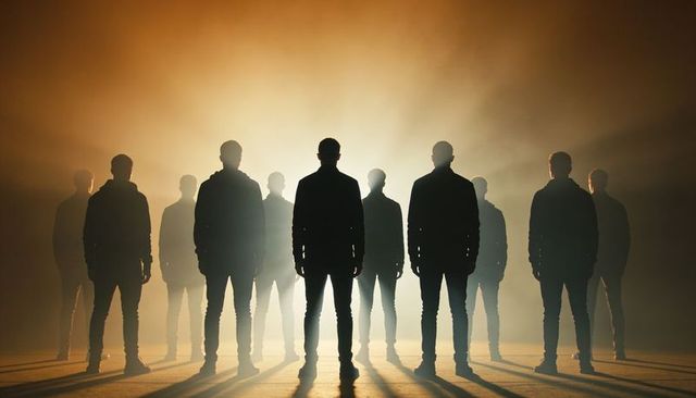 Backlit silhouettes forming symmetrical lineup on foggy stage, evoking unity and power