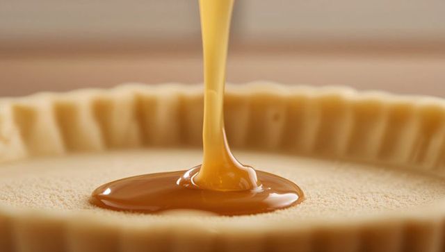 Pouring glossy caramel into fluted tart shell with pale custard base
