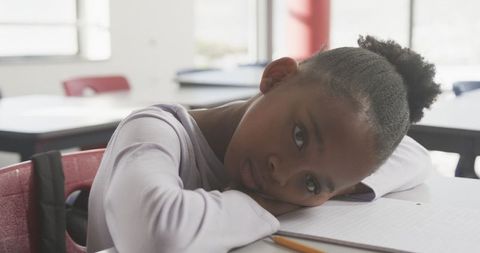 Thoughtful african american girl leaning on desk in classroom