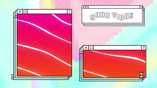 Digital art featuring multiple retro-style Windows with 'Good Vibes' text and swirling lines against a colorful pixel background. Great for nostalgia projects, social media graphics, desktop wallpaper designs, and presentations aiming to evoke a playful and vibrant feel.