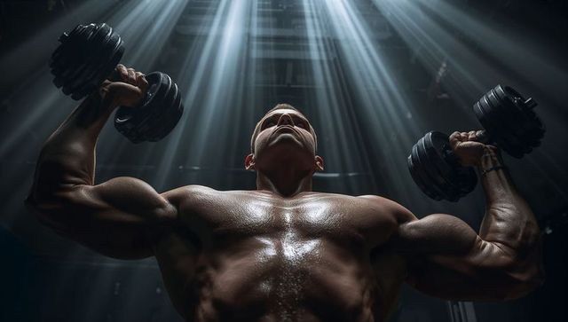Shirtless athlete pressing dumbbells under dramatic gym lights, showcasing strength