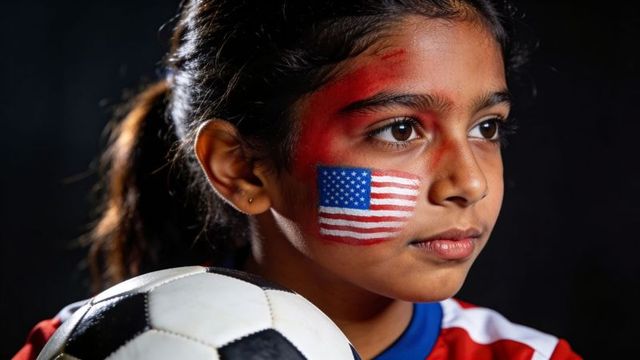 Young soccer player holding ball wearing american flag face paint and team jersey