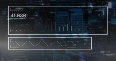 Futuristic hud interface overlay over city rooftop night skyline with data readouts