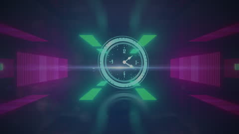 Futuristic Clock Animation Over Neon Tunnel