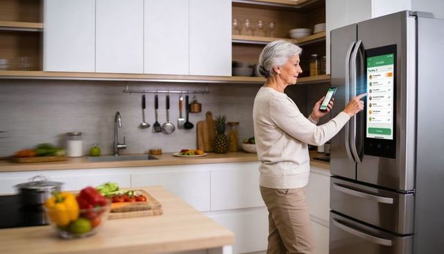 Senior woman using smartphone and smart fridge touchscreen in modern minimalist kitchen