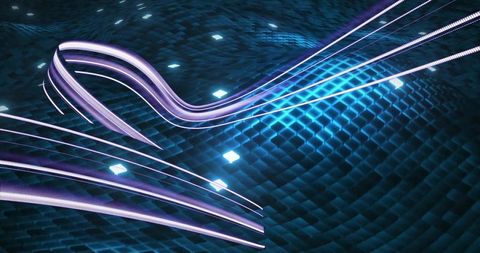 Neon ribbons flowing over tessellated teal grid with glowing diamond nodes and light streaks